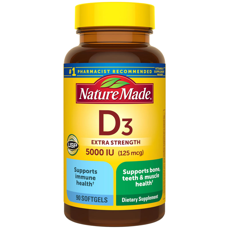 Nature Made Vitamin D3 5000 IU (125 mcg), 90 Vitamin D Softgels | Extra Strength Vitamin D Supplement for Immune, Bone, Teeth and Muscle Health Support, 90 Day Supply 90 Count (Pack of 1)