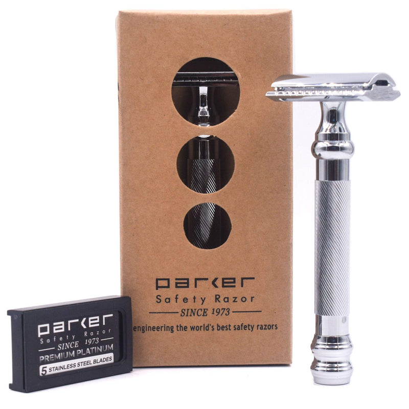 [Australia] - Parker 98R Heavyweight 3-Piece Double Edge Safety Razor – Long Handle, Closed Comb Design for Smooth Wet Shaving, Includes 5 Platinum Blades – Iconic Brand in Traditional Shaving Silver 1 Count (Pack of 1) 
