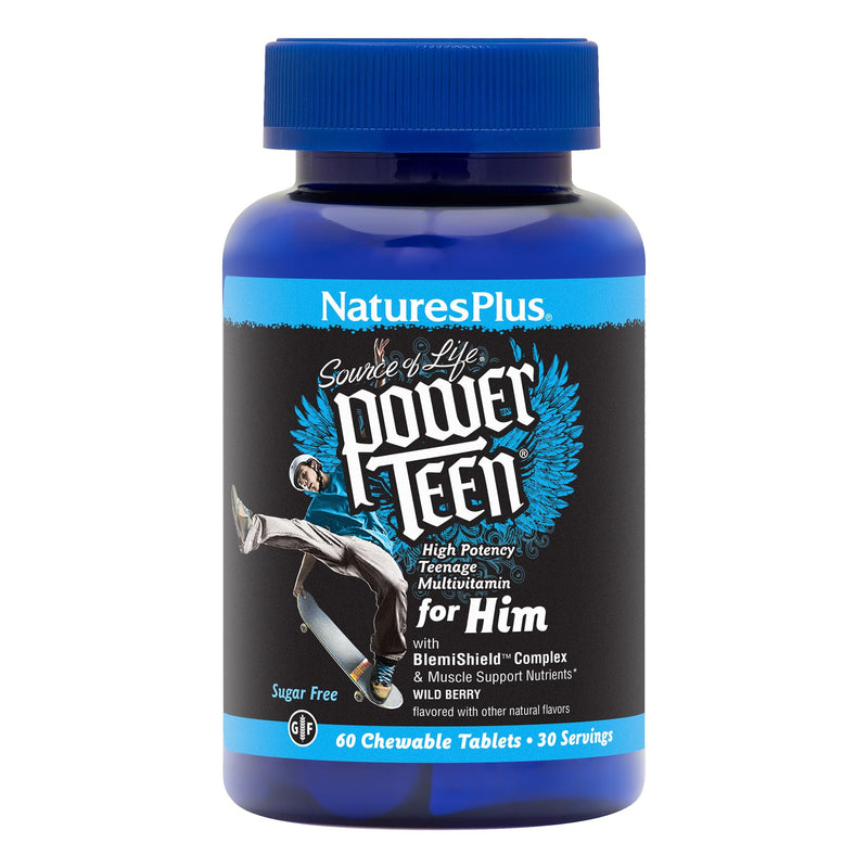 NaturesPlus Power Teen for Him - 60 Chewable Tablets, Wild Berry - High-Potency Teenage Multivitamin - Sugar Free, Vegetarian, Gluten Free - 30 Servings 60 Count (Pack of 1)