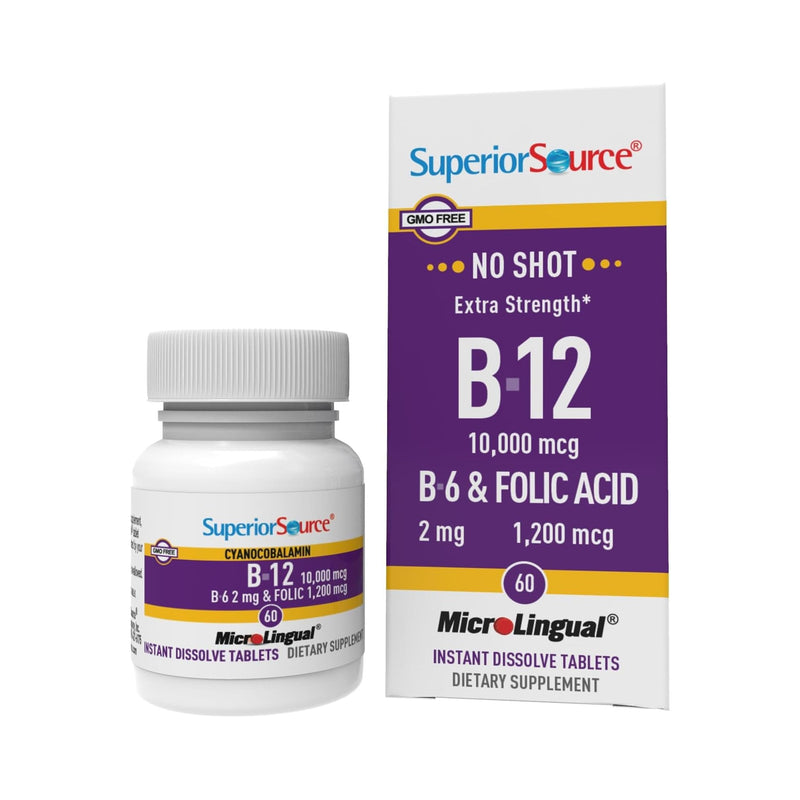 Superior Source No Shot Vitamin B-12 Cyanocobalamin 10000 mcg, B-6, Folic Acid 1200 mcg - Support Brain & Heart Health - Aids Natural Energy Levels - 60 Sublingual Dissolving Tablets | Sublingual B-12 Methylcobalamin Formula with B-6 and Folic Acid Sup...