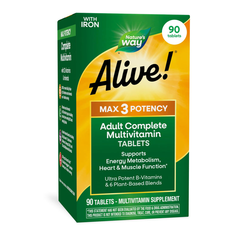 Nature's Way Alive! Max3 Potency Adult Daily Multivitamin with Iron, 90 ct | High Potency Adult Multivitamins to Support Cellular Energy Metabolism, Heart, and Muscle Function*, Tablets for Women & Men 90 Count (Pack of 1)