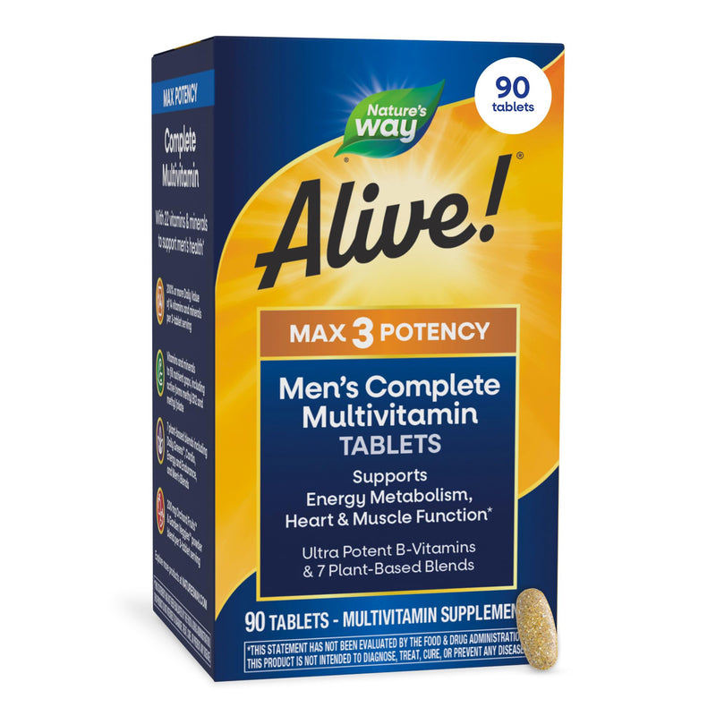 Nature's Way Alive! Men’s Max3 Potency Daily Multivitamin, 90 Tablets | High Potency Multivitamin for Men with B-Vitamins for Cellular Energy*, Supports Heart, Muscle and Eye Health* 90 Count (Pack of 1)