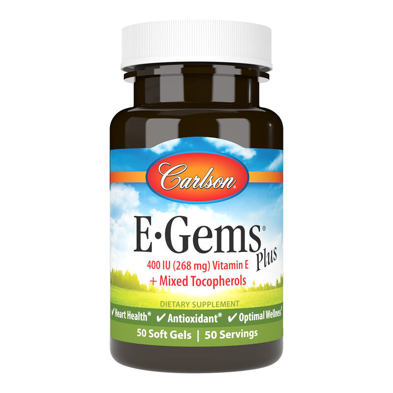 Carlson E-Gems Plus, 400 IU (268 mg), Optimal Wellness, 50 Soft Gels | Natural-Source Vitamin E