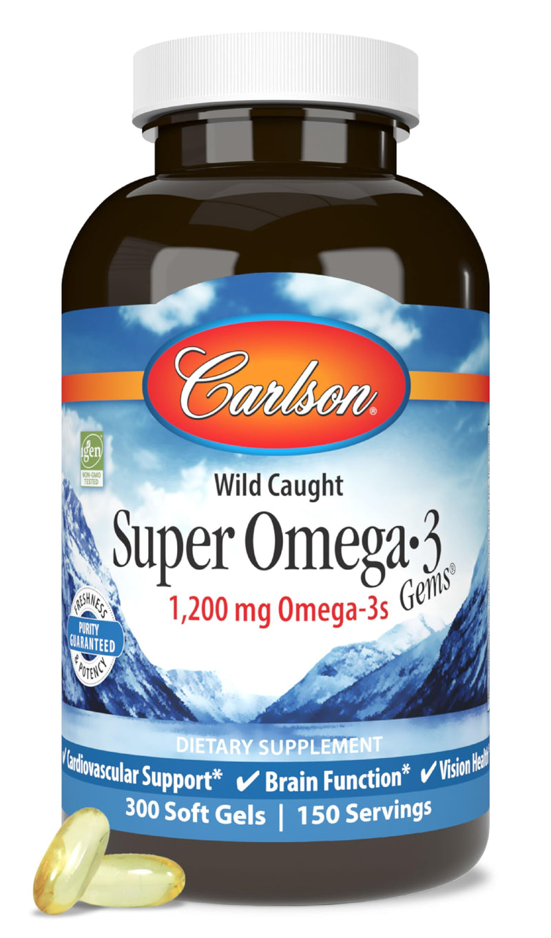 Carlson Super Omega-3 Gems, 1200 mg, Omega-3s, 300 Softgels | with EPA and DHA; Wild Caught Norwegian Fish Oil Supplement; Sustainably Sourced Fish Oil Capsules; Omega 3 Supplements Unflavored 300 Count (Pack of 1)