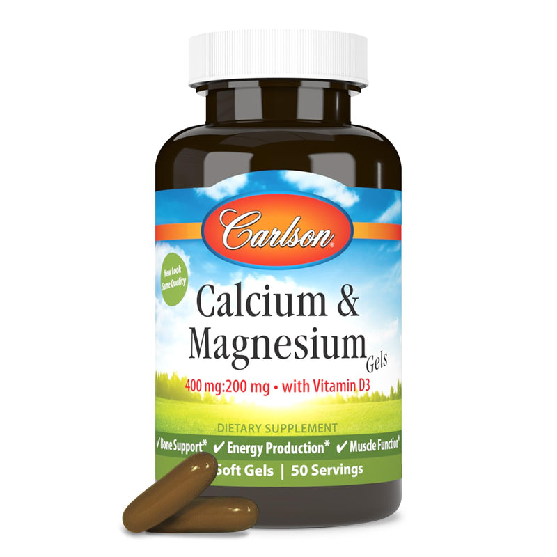 Carlson Calcium & Magnesium Gels, 200 mg Calcium Supplement, 100 Softgels | 2:1 Calcium to Magnesium Ratio; 100 mg Magnesium Supplement; Bone Support; Energy Production 100 Count (Pack of 1)