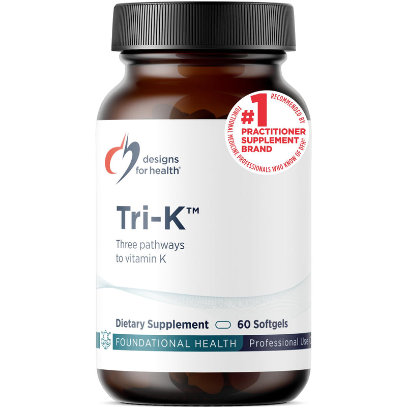 Designs for Health TRI-K - Three Forms of Vitamin K + GG, High Potency Supplement - 2000mcg Vitamin K1, 500mcg K2 MK-4 - Non-GMO + Gluten Free (60 Softgels) Standard Packaging