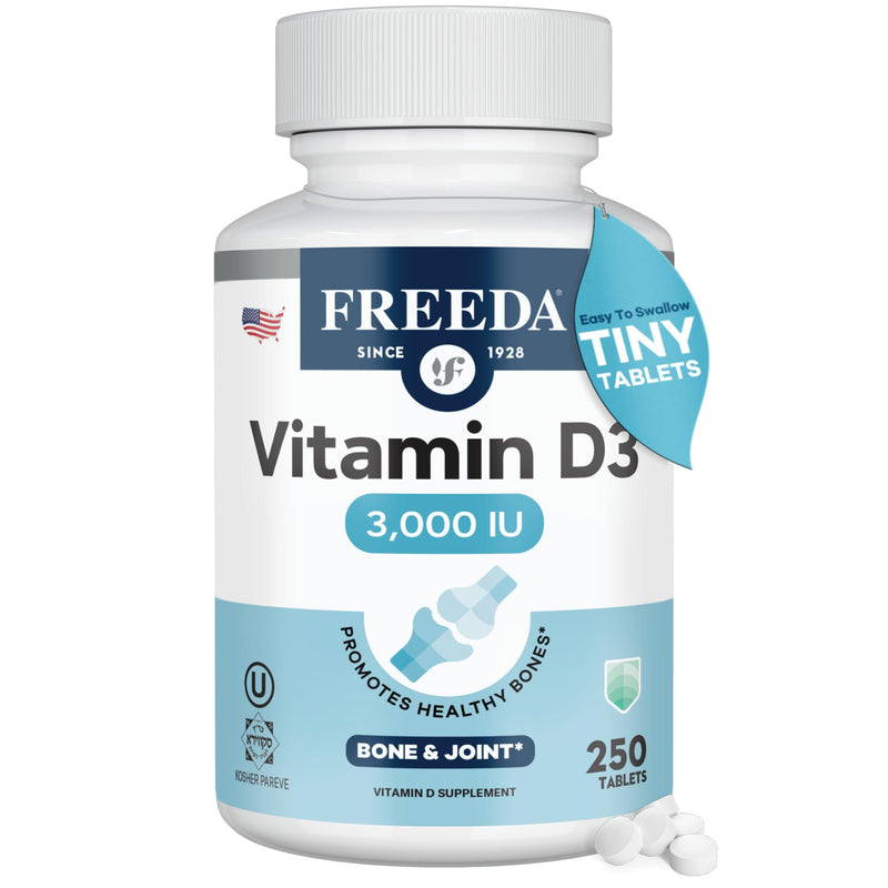 FREEDA Vitamin D3 3000 IU Supplement for Bone Support – 250 Tiny Tablets | Supports Bone, Muscle & Immune Health – Helps Calcium Absorption – Easy-to-Swallow Tiny Tablets, Kosher, & Gluten-Free 250 count