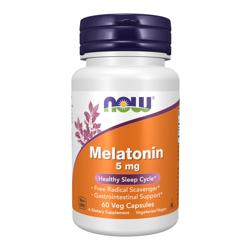 NOW Foods Supplements, Melatonin 5 mg, Free Radical Scavenger*, Healthy Sleep Cycle*, 60 Veg Capsules 60 Count (Pack of 1)