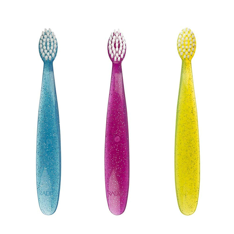 [Australia] - RADIUS Children's Toothbrush, Totz Brush, Extra Soft Bristles, Blue/Coral/Yellow, BPA Free & ADA Accepted, Designed for Delicate Teeth & Gums for Children 18 Months & Up, Pack of 3 3 Count (Pack of 1) 