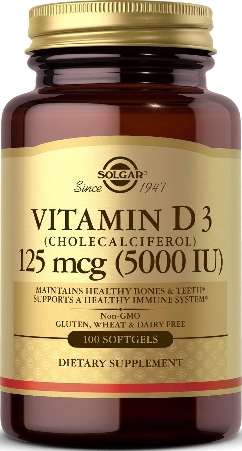 Solgar Vitamin D3 (Cholecalciferol) 125 mcg (5000 IU), 100 Softgels - Helps Maintain Healthy Bones & Teeth - Immune System Support - Non-GMO, Gluten Free, Dairy Free - 100 Servings | Helps Maintain Healthy Bones & Teeth - Immune System Support - Non GM...