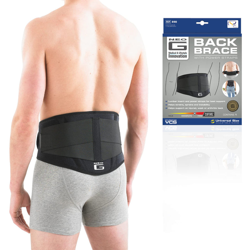 [Australia] - Neo G Back Brace with Power Straps - Support For Lower Back Pain, Muscle Spasm, Strains, Arthritis, Injury Recovery, Rehabilitation - Adjustable Compression - Class 1 Medical Device - One Size - Black 