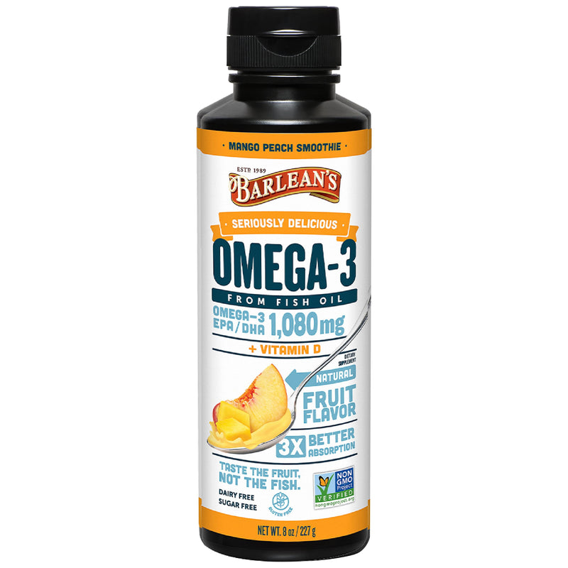 Barlean's Mango Peach Omega-3 Fish Oil, Vitamin D, 1080mg EPA & DHA, 8oz | Wild-caught fish oil plus vitamin D, EPA DHA omega-3, Burpless, Non-GMO, Gluten-free, Heart, brain, bone & immune 8 Ounce