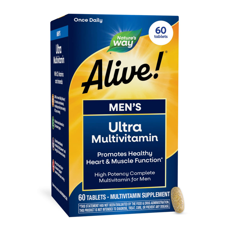 Nature's Way Alive! Men’s Daily Ultra Potency Multivitamin Tablets, 60 ct | Complete High Potency Men’s Daily Vitamin Promotes Heart & Muscle Function*, B-Vitamins, Zinc and Antioxidants 60 Count (Pack of 1)