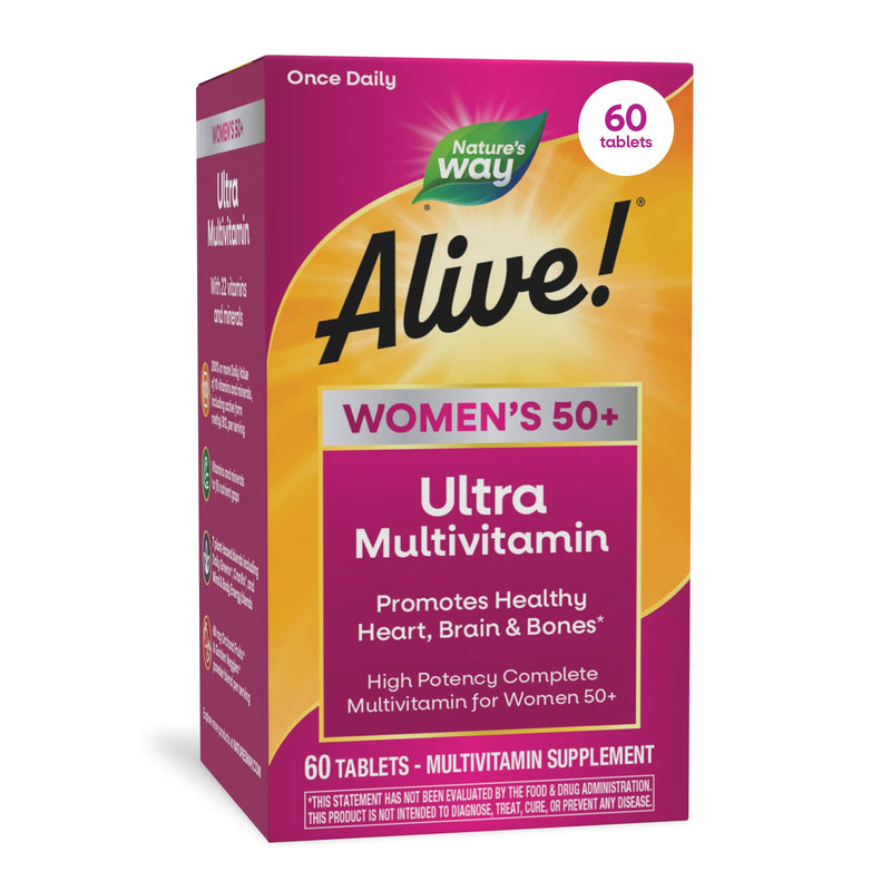 Nature's Way Alive! Women's 50 Plus Ultra Potency Multivitamin, 60 ct | Complete and High Potency Formula with Vitamin D3, C, E, and Methylated B12; Supports Heart, Brain, and Bone Health*. 60 Count (Pack of 1)