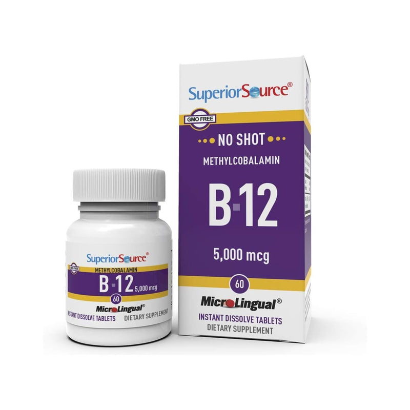 Superior Source No Shot Methylcobalamin B-12 5000 mcg - Vitamin B-12 to Support Energy Production, Brain Health & Overall Wellness - Sublingual Tablets for Fast Absorption - 60 Dissolving Tablets | Third-Party Tested Methylcobalamin B-12 Tablets Suppor...
