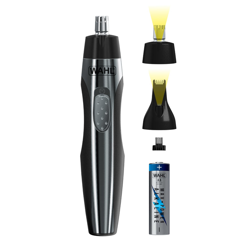 [Australia] - Wahl Lighted Battery Nose Hair Trimmer for Men & Women. Painless, Easy to See Nose, Ear, and Eyebrow Trimming with Built in Light, Battery Included. – Model 3023283 Black/Silver 3 Piece Set 