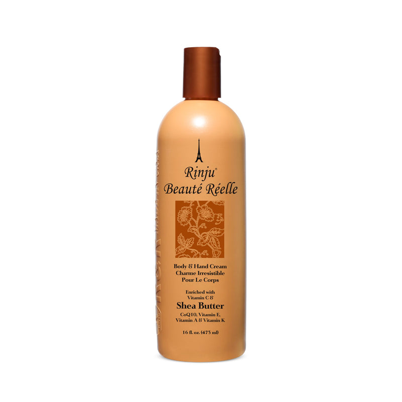 Rinju Beauté Réelle Body & Hand Cream - Non-Greasy Cream for Women & Men - 16 Oz Shea Butter Cream for Extremely Dry Skin - CoQ10, Vitamin E, A & K Moisturizer - Soothes, Caressed and Pampers Skin