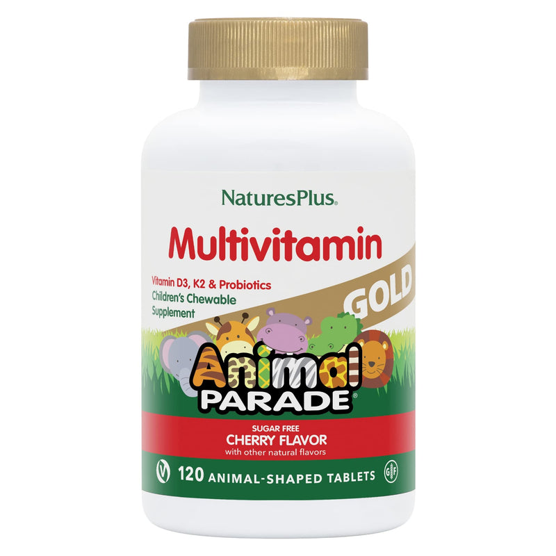 [Australia] - Natures Plus Animal Parade Gold Children's Chewable Multivitamin - Natural Cherry Flavor - 60 Animal Shaped-Tablets - with Vitamin D3, K2 & Probiotics - Vegetarian & Gluten Free - 120 Servings 1 