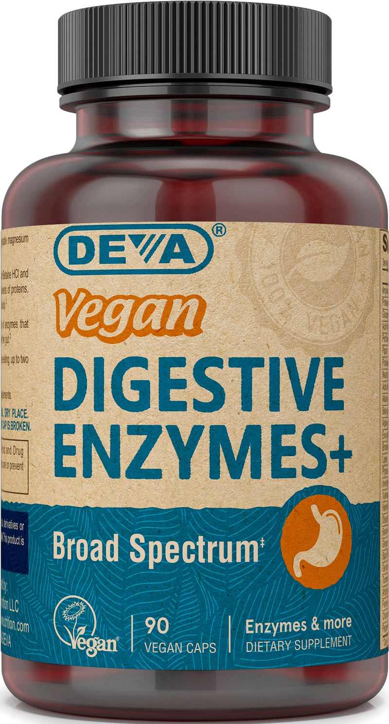 DEVA Vegan Vitamins Digestive Enzymes Plus Supplement - A Unique Blend of Enzymes & Herbs - 90 Capsules, 1-Pack 90 Count (Pack of 1)
