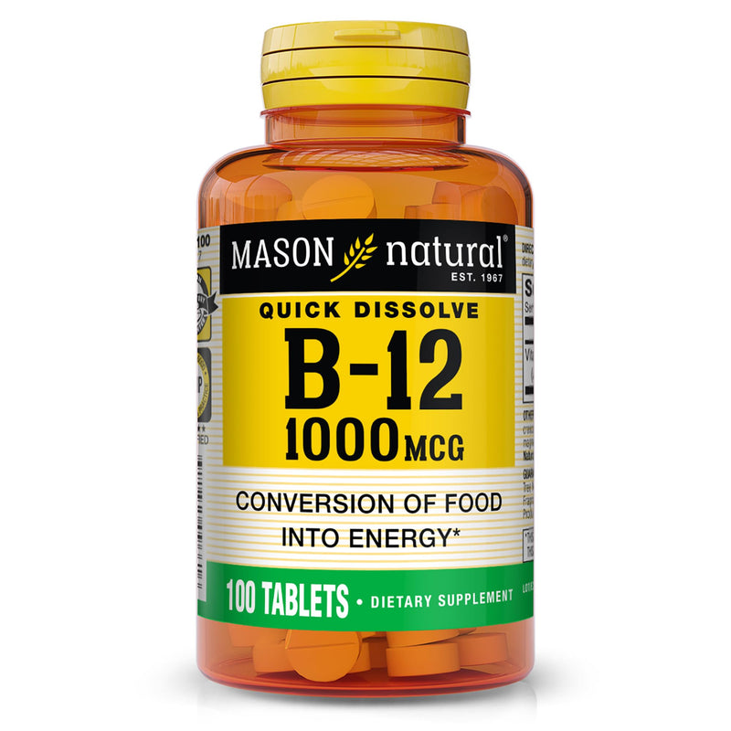 MASON NATURAL Vitamin B-12, 1000 mcg Quick Dissolve Tablets, 100 Day Supply | 1000mcg quick-dissolve vitamin B12 tablets to support normal energy, red blood cell production & nerve function 100 Count (Pack of 1)