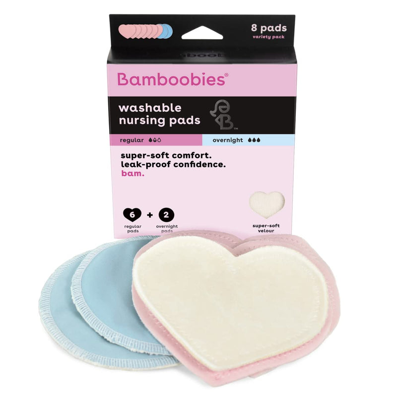 [Australia] - Bamboobies Women’s Nursing Pads, Reusable and Washable, Blue and Light Pink, 3 Regular Pairs and 1 Overnight Pairs, Leak-Proof Pads for Breastfeeding, 4 Pairs 8 Pads Blue + Pink 