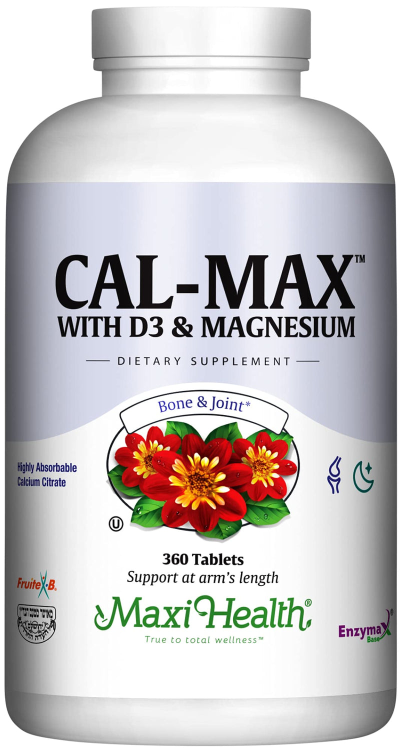 Maxi Health Calcium Magnesium Supplement with Vitamin D3 and Boron - Kosher Bone Health & Nighttime Formula, Calcium Citrate CalMag & Vitamin D (180 Tablets) (360 Count (Pack of 1)) | Kosher | Calcium Magnesium with Vitamin D3 | Calcium Absorption, Bon...