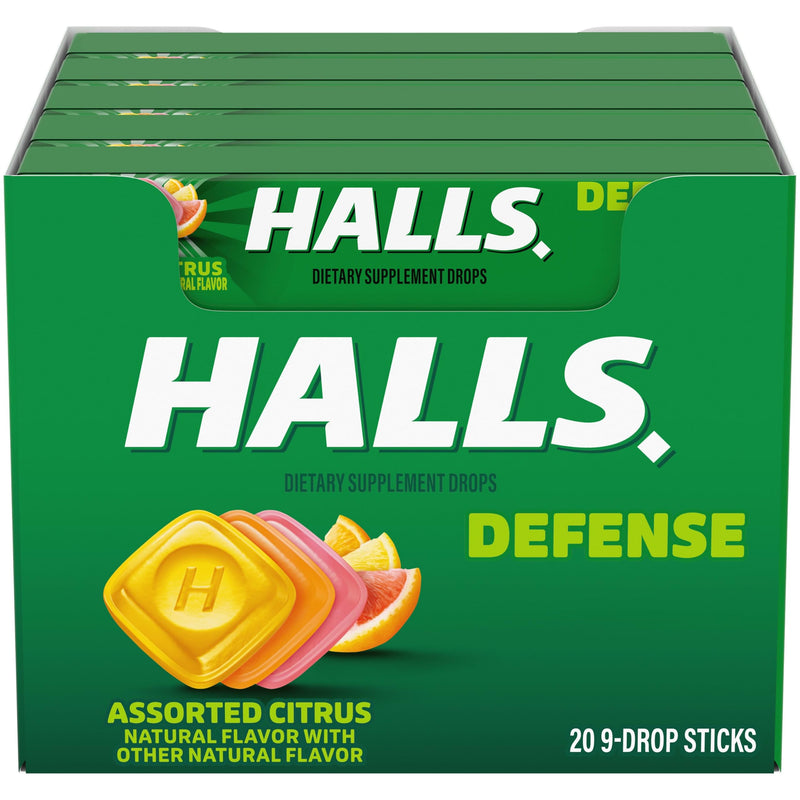 HALLS Defense Assorted Citrus Vitamin C Dietary Supplement Drops, 180 ct | Throat Drops, 20 Sticks of 9 180 Ounce (Pack of 1)