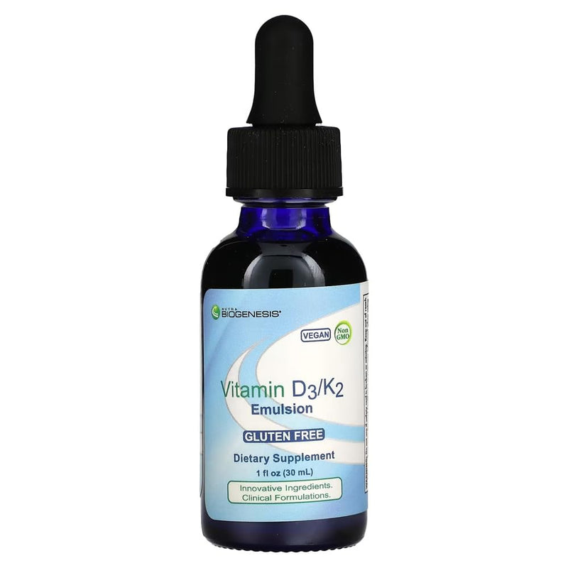 Nutra Biogenesis Vitamin D3/K2 Emulsion - 1 fl oz Bottle (30 ml) | Liquid Vitamin D Drops with MCT Oil, D3 K2 Supplement for Adults and Kids, Oil Dropper for Women and Men