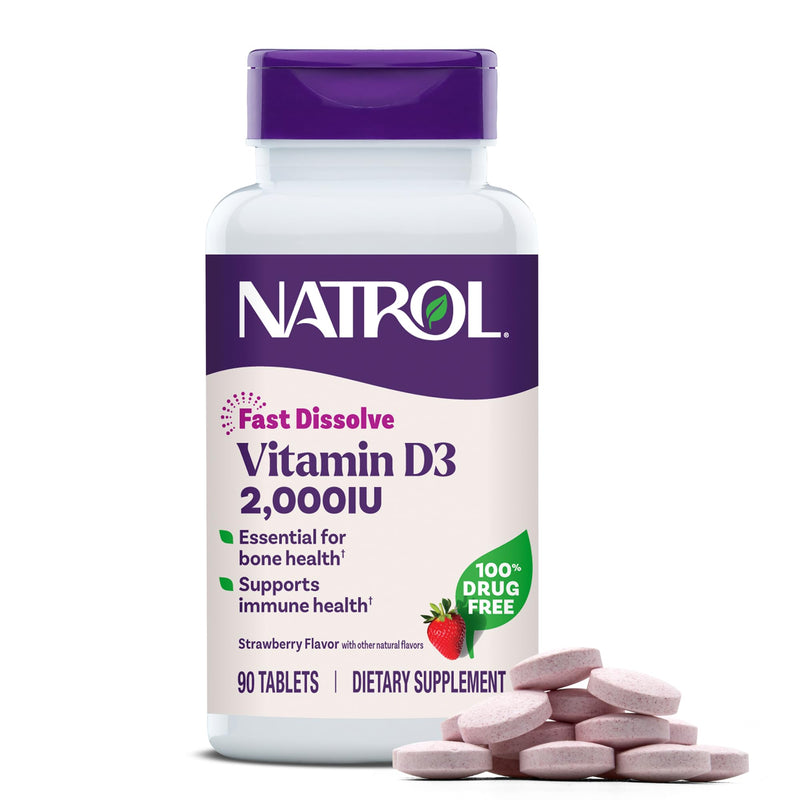 Natrol Vitamin D3 2,000 IU Fast Dissolve, Bone & Joint Health, 90 Tablets | Dietary Supplement for Immune, Bone and Joint Health, Restore Low Vitamin D3 Levels, 100% Drug-Free Strawberry 90 Count (Pack of 1)