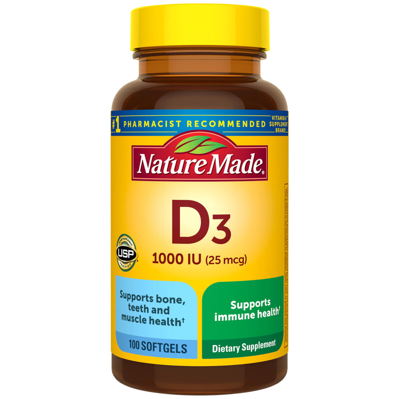 Nature Made Vitamin D3 1000 IU (25 mcg), 100 Vitamin D Softgels | Vitamin D Supplement for Immune, Bone, Teeth and Muscle Health Support, 100 Day Supply 100 Count (Pack of 1)