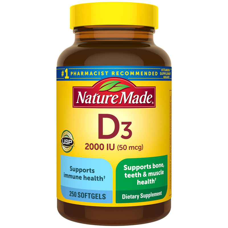 Nature Made Vitamin D3 2000 IU (50 mcg), 250 Vitamin D Softgels | Vitamin D Supplement for Immune, Bone, Teeth and Muscle Health Support, 250 Day Supply 250 Count (Pack of 1)