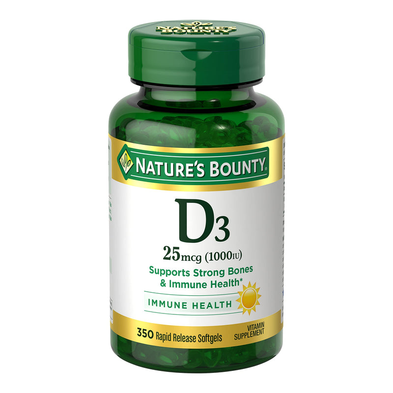 Nature's Bounty Vitamin D3 1000 IU Softgels, 350 Count | Immune Support, Promotes Healthy Bones, 1 Softgel per Day, Gluten Free 350 Count (Pack of 1)