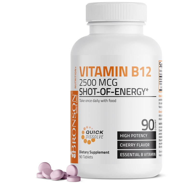 Bronson Vitamin B12 2500 mcg Fast Dissolve Sublingual Cherry, 90 Tablets | B12 as Cyanocobalamin, Supports Energy Metabolism, Red Blood Cell Formation, Nerve & Brain Function 90 Count (Pack of 1)