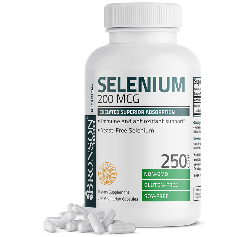 [Australia] - Bronson Selenium 200 mcg – Yeast Free Chelated Amino Acid Complex - Essential Trace Mineral with Superior Absorption, 250 Vegetarian Capsules 250 Count (Pack of 1) 