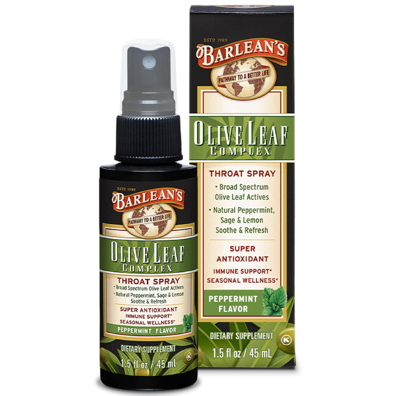 [Australia] - Barlean's Olive Leaf Complex Throat Spray with Peppermint, Lemon, & Sage for Itchy Throat Relief, Immune Support Supplement for Seasonal Wellness, Liquid Blended Extract, 1.5 oz Olive Leaf Throat Spray - 1.5 oz 
