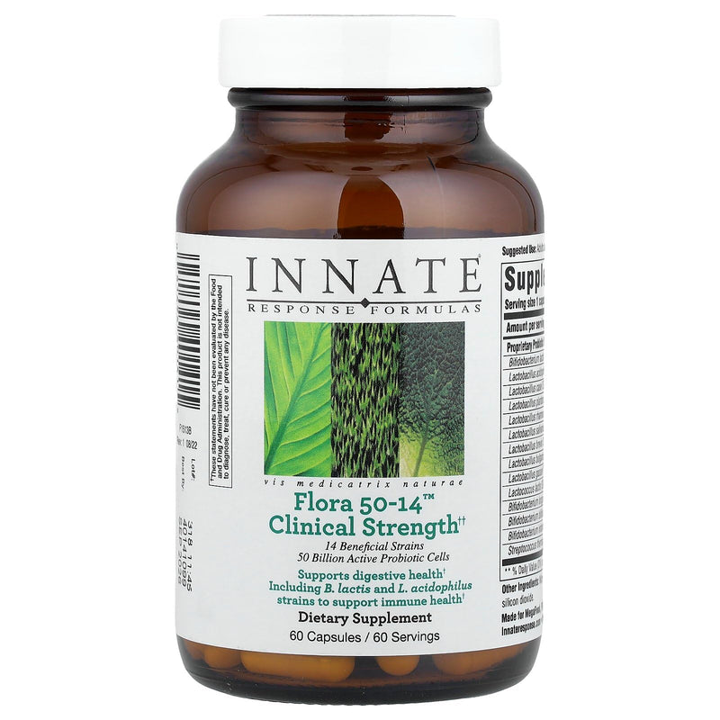 Innate Response Formulas Flora 50-14 Probiotic Clinical Strength, 60 Count | Digestive Health & Immune Support Supplement for Women & Men, 50 Billion CFU, 14 Strains, Vegetarian, Non-GMO, 60 Servings 60 Count (Pack of 1)
