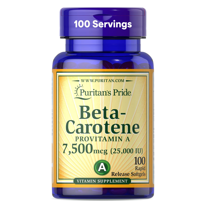 [Australia] - Puritan's Pride Beta Carotene Provitamin A 7,500mcg (25,000 IU), Vitamin Supplement for Immune System, Antioxidant and Eye Health Support, 100 Day Supply, 100 Rapid Release Softgels 100 Count (Pack of 1) 