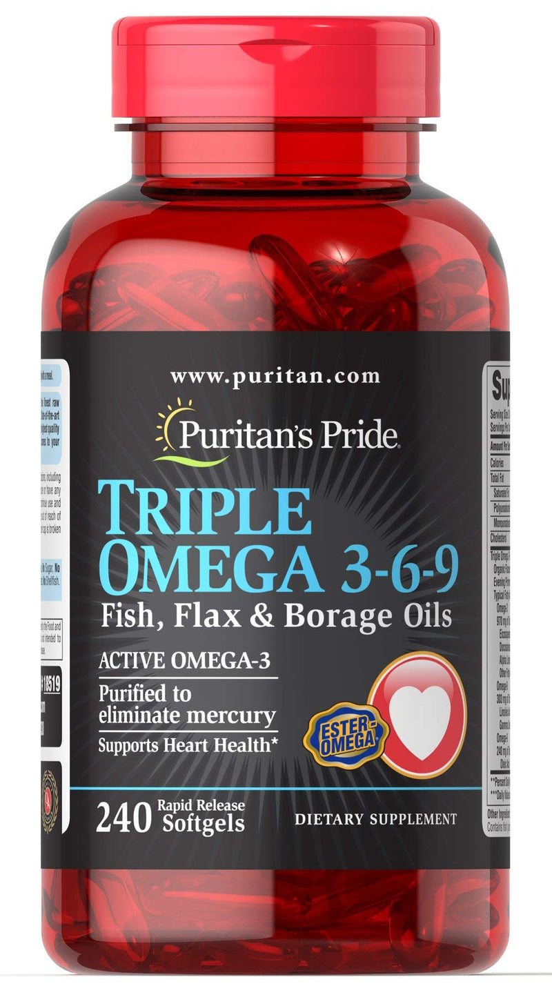[Australia] - Puritan's Pride Triple Omega 3-6-9 Fish, Flax & Borage Oils, Supports Heart Health and Healthy Joints, 240 ct (Pack of 1) 