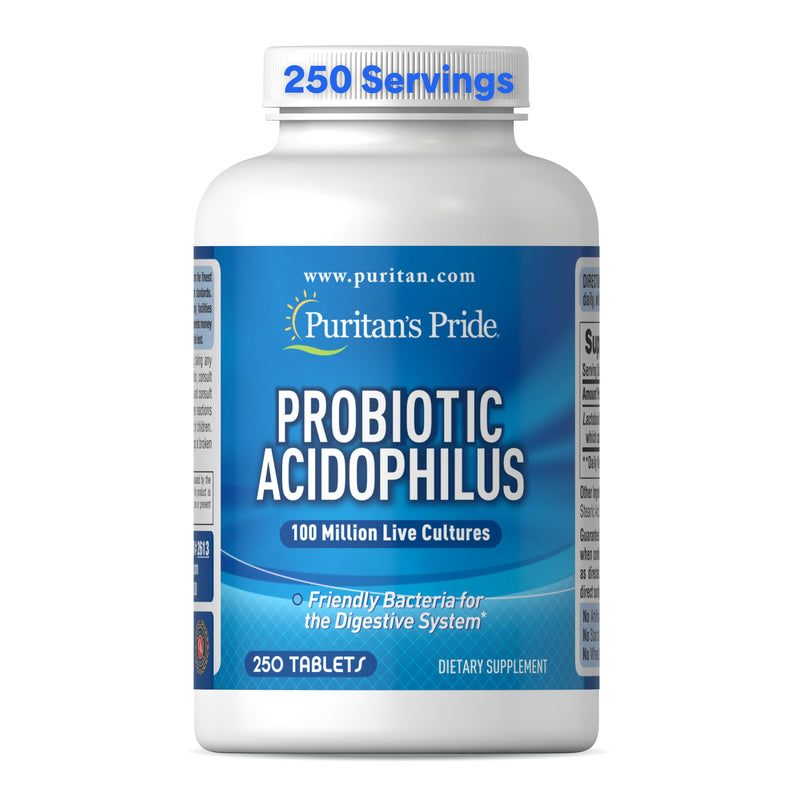 Puritan's Pride Daily Probiotic Acidophilus, 8 Month Supply, 250 Tablets | 100 Million Live Cultures, Dietary Supplement for Digestive, Gut, and Immune Health, Soy, Sodium, and Gluten Free