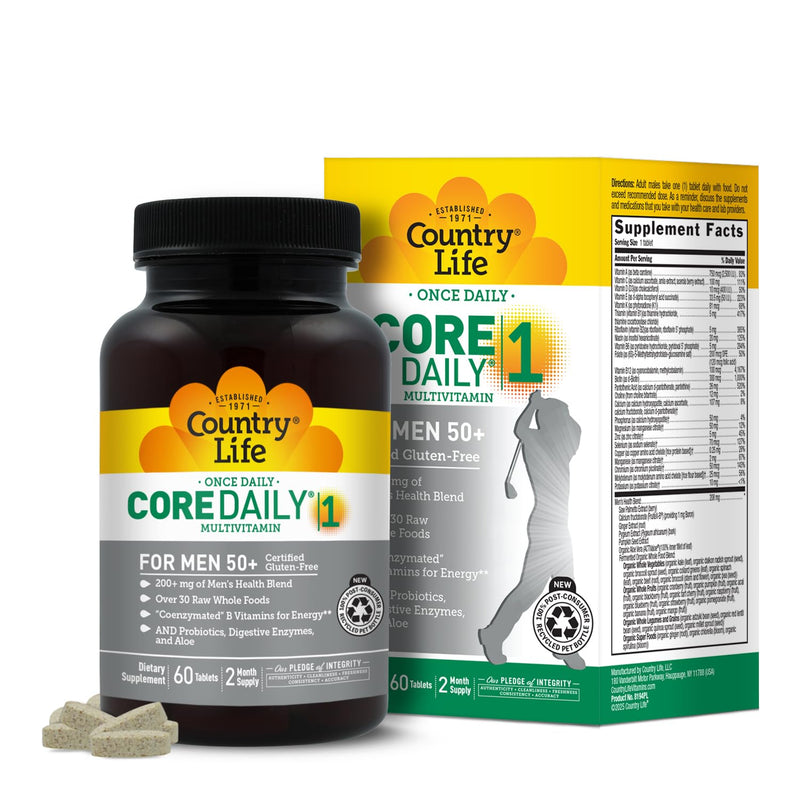 Country Life Core Daily-1 Multivitamin for Men 50+, 60 Tablets | Coenzymated B vitamins support energy metabolism with whole foods, probiotics and digestive enzymes