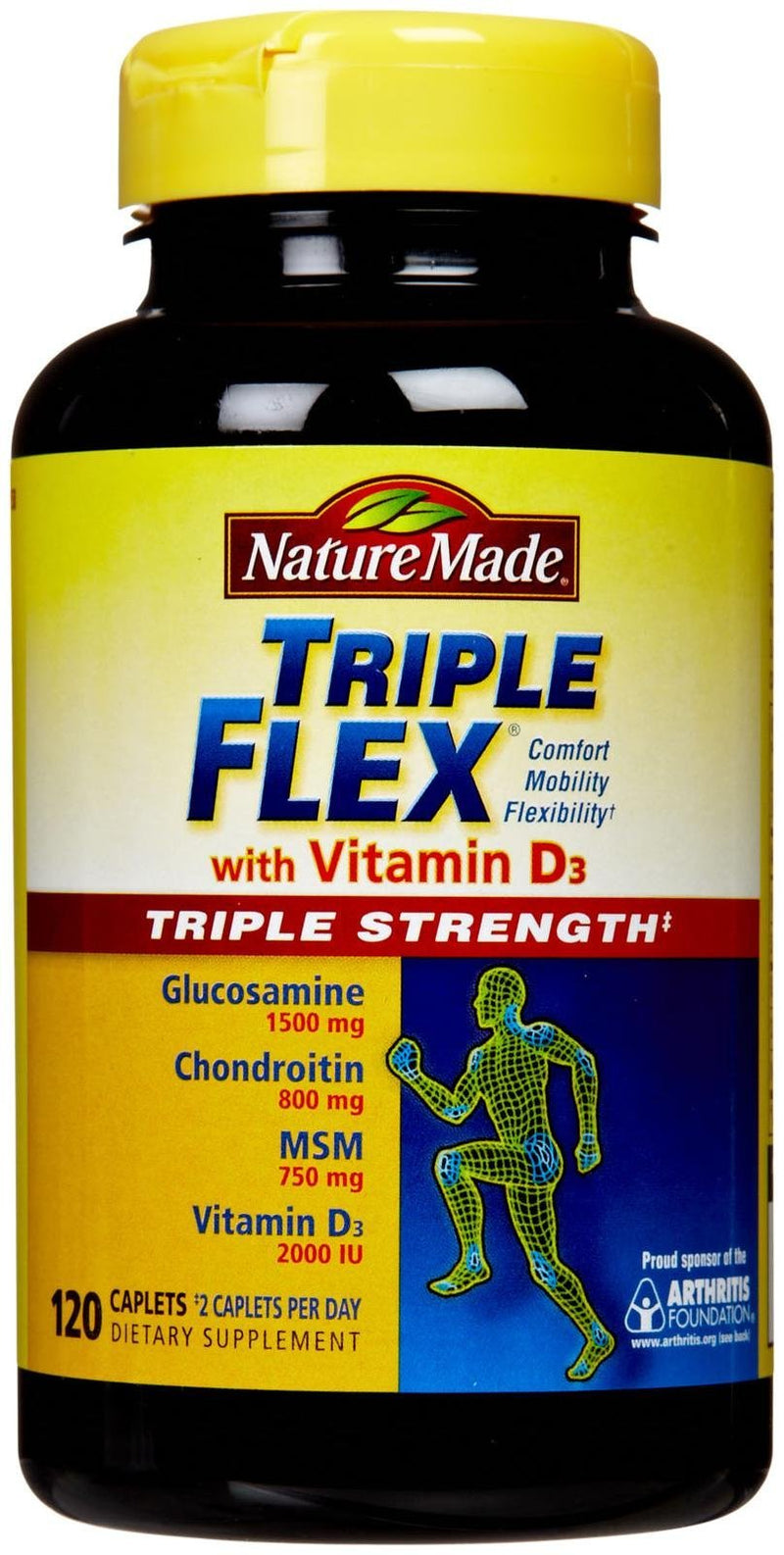 Nature Made TripleFlex Triple Strength Caplets with Vitamin D3, 120 Count for Joint Support 120 Count (Pack of 1)