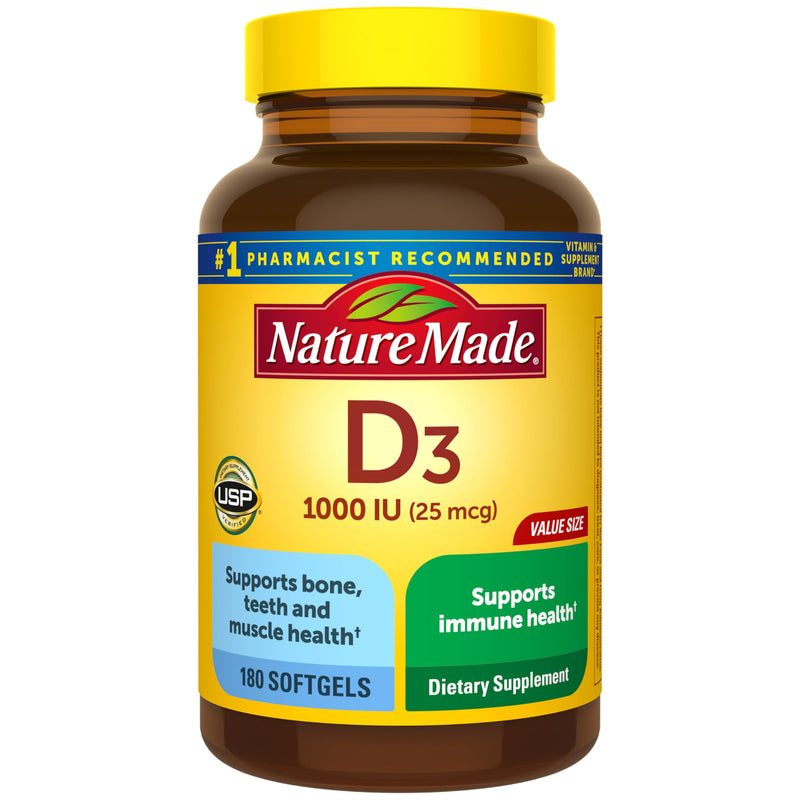Nature Made Vitamin D3 1000 IU (25 mcg), 180 Vitamin D Softgels | Vitamin D Supplement for Immune, Bone, Teeth and Muscle Health Support, 180 Day Supply 180 Count (Pack of 1)