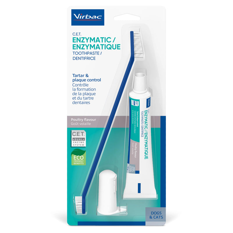 [Australia] - Virbac C.E.T. Oral Hygiene Kit for Cats and Dogs | 3 Piece Set with Dual Ended Toothbrush, Fingerbrush, and Poultry Flavor 2.5 oz tube of Toothpaste | Remove Plaque & Tartar Buildup 