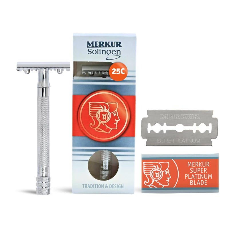 [Australia] - MERKUR 25C Double Edge Safety Razor in Bright Chrome with an Open Comb Design, Long Handle, Made in Germany, Plastic-Free, Three-Piece Design, and Straight Bar MK-25C 