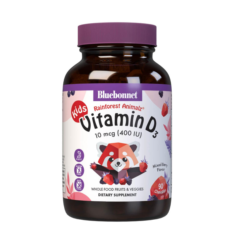 Bluebonnet Nutrition Rainforest Animalz Vitamin D3 400 IU Chewable Tablet, Soy, Dairy & Gluten-Free, Non-GMO, Kosher Certified, Vegetarian Friendly, Natural Mixed Berry Flavor, 90 Count | Non-GMO, Vegetarian, Kosher Certified, Gluten-Free