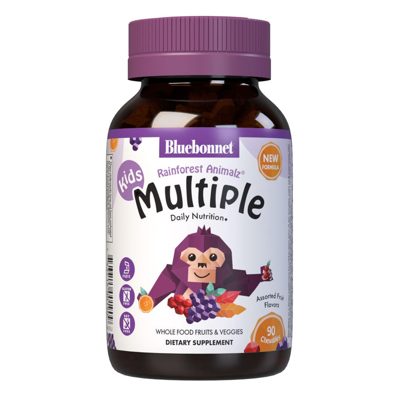 Bluebonnet Nutrition Rainforest Animalz Whole Food Based Multiple Chewable Tablets, Kids Multivitamin & Mineral, Vitamin C, D3, Iron, Gluten Free, Milk Free, Kosher, 90 Chewable Tablets, Mixed Flavors | Vegetarian, Kosher, Gluten-Free, Dairy-Free