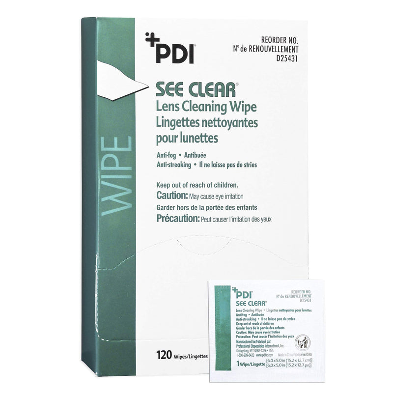 [Australia] - PDI See Clear Lens Cleaning Wipes, Non-Streaking & Anti-Static for Glasses, Eyeglasses, Loupes & Safety Eyewear, 1 Box of 120 Individually Wrapped Packets, Large 6" x 5" 