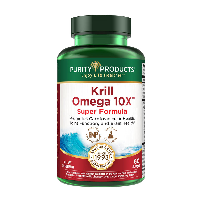Purity Products Krill Omega-3 10x More EPA & DHA Super Formula, 60 Softgels | Premium PhosphoBoost Krill Oil + Astaxanthin - Supports Joint Comfort + Flexibility - No Fish Burps LemonLock System 1 Count (Pack of 60)