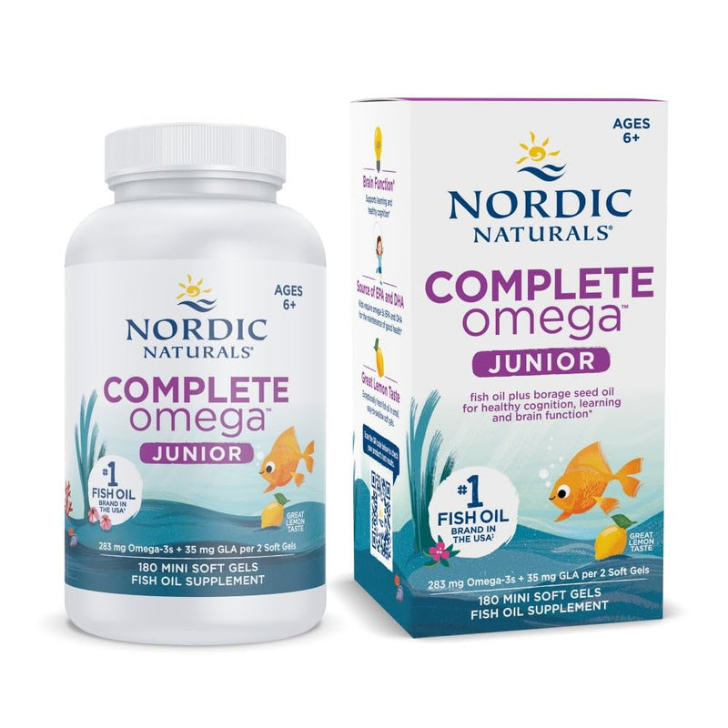 [Australia] - Nordic Naturals Complete Omega Jr., Lemon - 180 Mini Soft Gels - 283 mg Total Omega-3s & 35 mg GLA - Healthy Cognition, Nervous System Function - Non-GMO - 90 Servings 180 Count (Pack of 1) Standard Packaging 