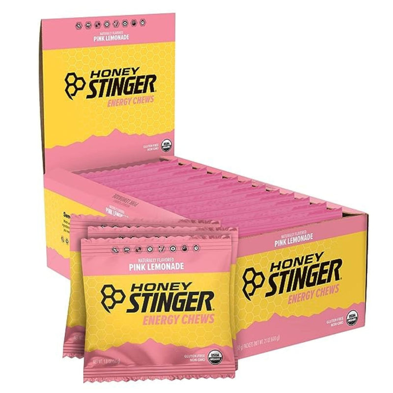 [Australia] - Honey Stinger Organic Pink Lemonade Energy Chew | Gluten Free & Caffeine Free | For Exercise, Running and Performance | Sports Nutrition for Home & Gym, Pre and Mid Workout | 12 Pack, 21.6 Ounce 1.8 Ounce (Pack of 12) 